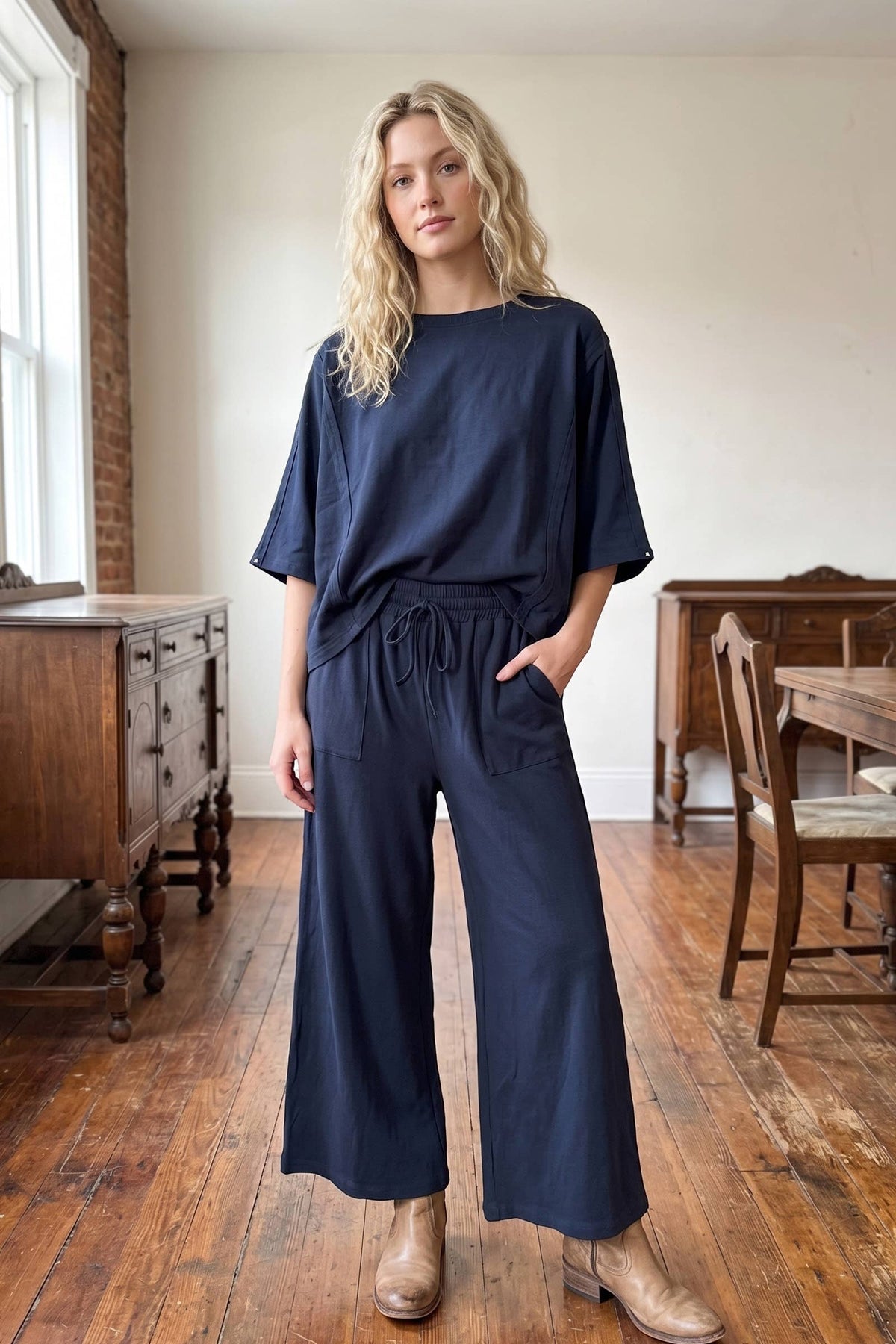 Sewn and Seen - Brushed Stretch Boxy Top & Wide Leg Pant Set: BURGUNDY / L