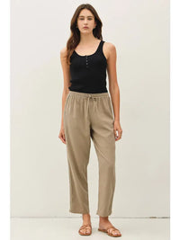Sadie tapered rayon-linen pants in mocha with crochet lace detail