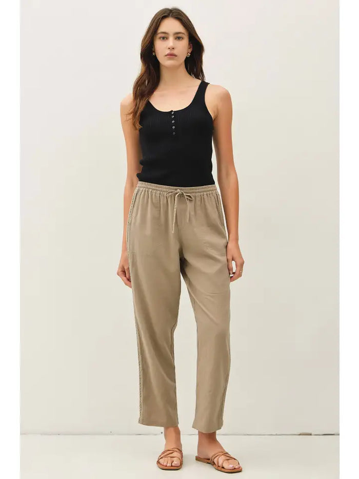 Sadie tapered rayon-linen pants in mocha with crochet lace detail