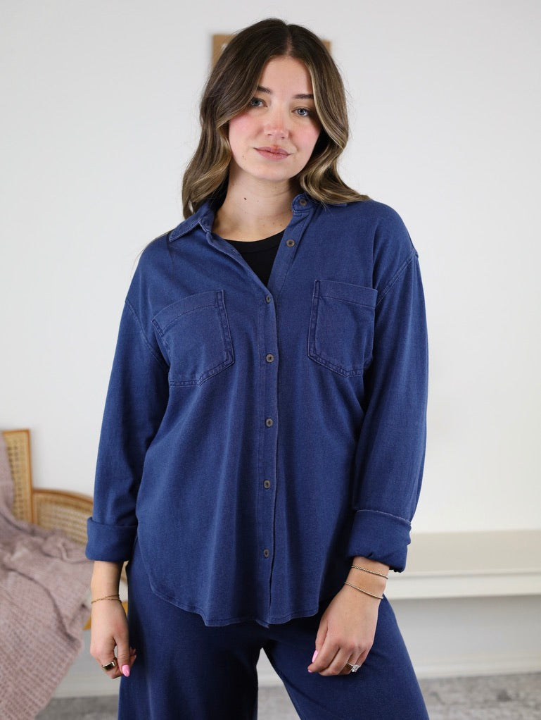 Reese Jersey Denim Button Up