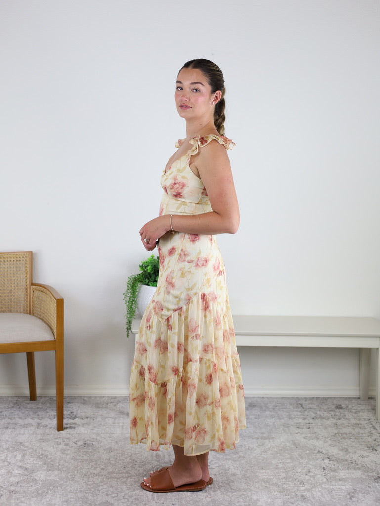 Raven Ruffle Strap Tiered Midi Dress