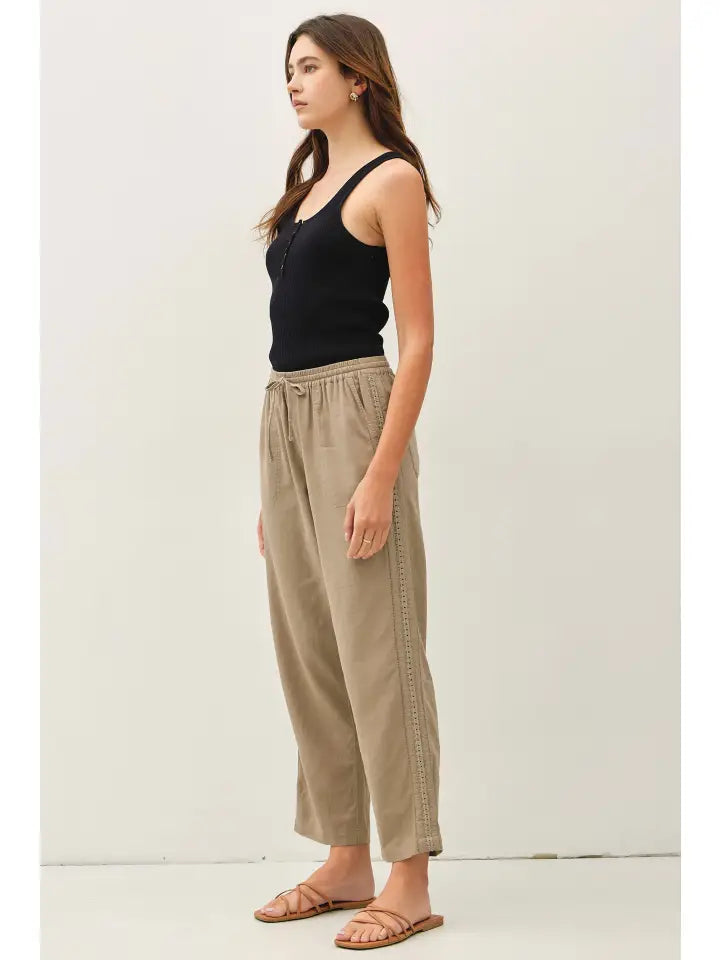 High-waisted relaxed mocha linen blend pants with drawstring waist