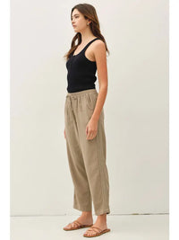 High-waisted relaxed mocha linen blend pants with drawstring waist