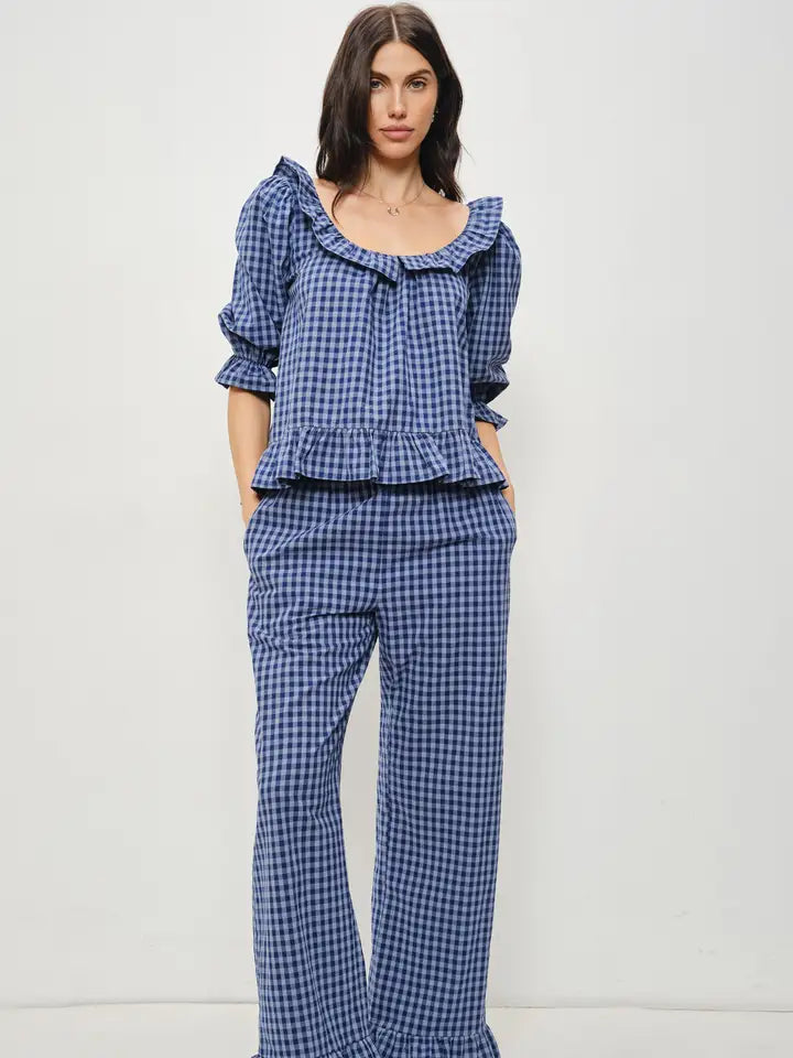Barron dark denim blue cotton gingham frill set with scoop neck top and pants, Glitz Fine Clothing Turlock CA