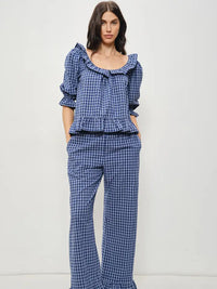 Barron dark denim blue cotton gingham frill set with scoop neck top and pants, Glitz Fine Clothing Turlock CA