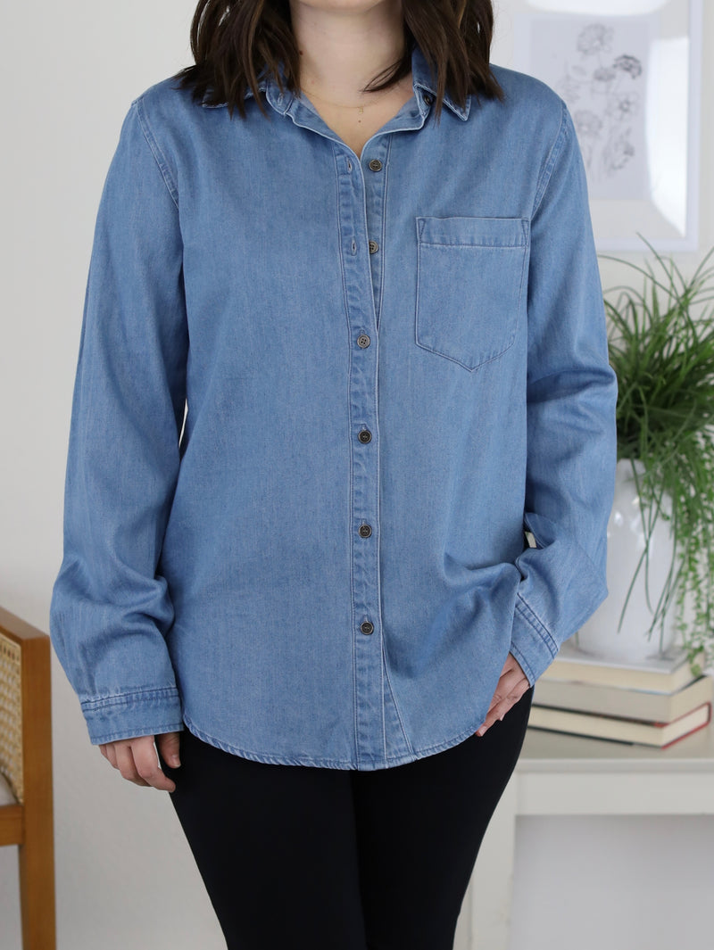 Tori Classic Denim Tencel Button Down Top - Sale