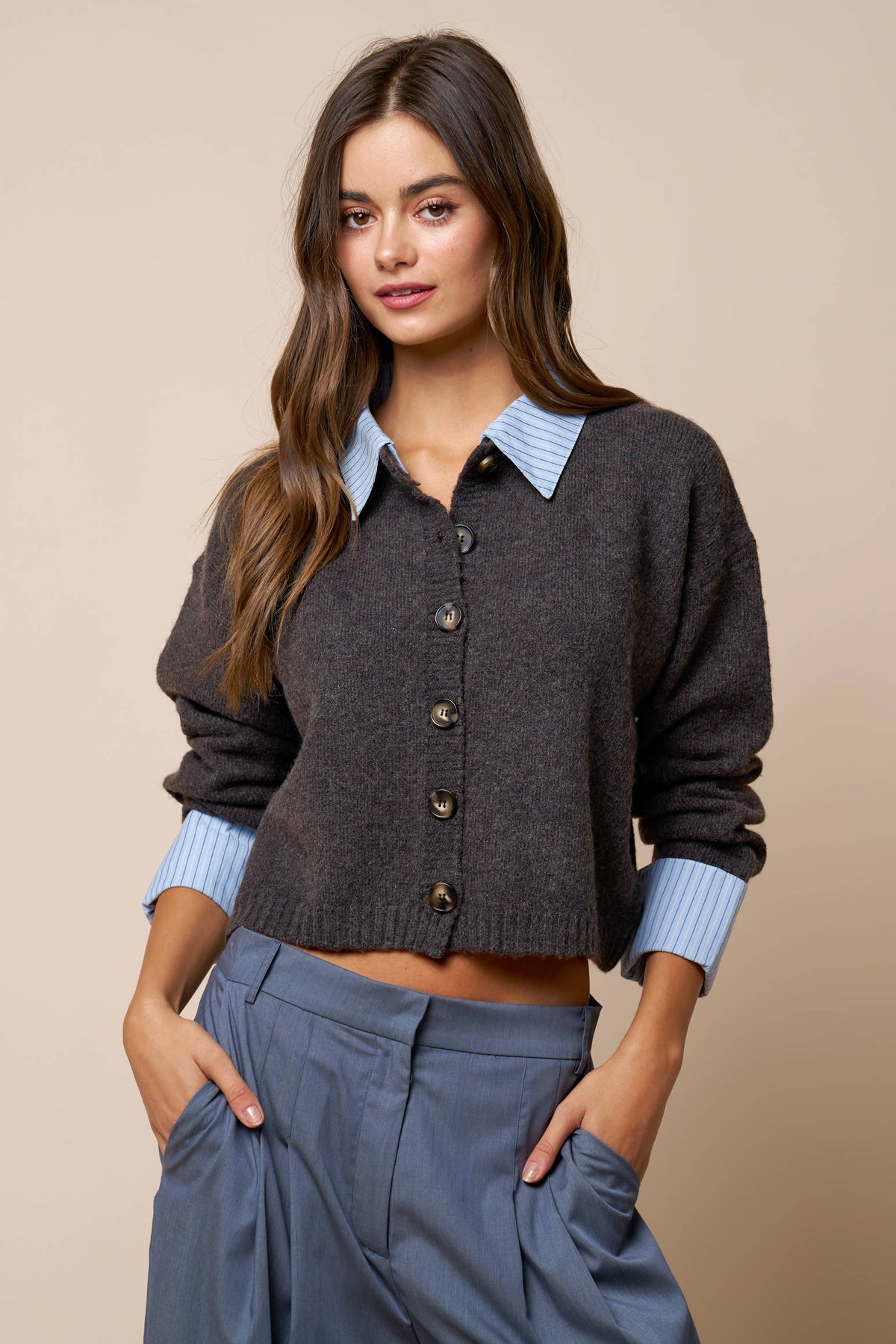 Lalavon - Stripe Trim Button Down Sweater Cardigan: HT BROWN-LT BLUE / L