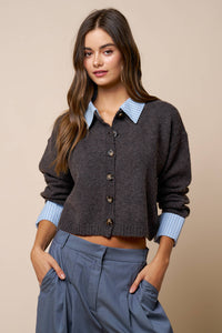 Lalavon - Stripe Trim Button Down Sweater Cardigan: HT BROWN-LT BLUE / L