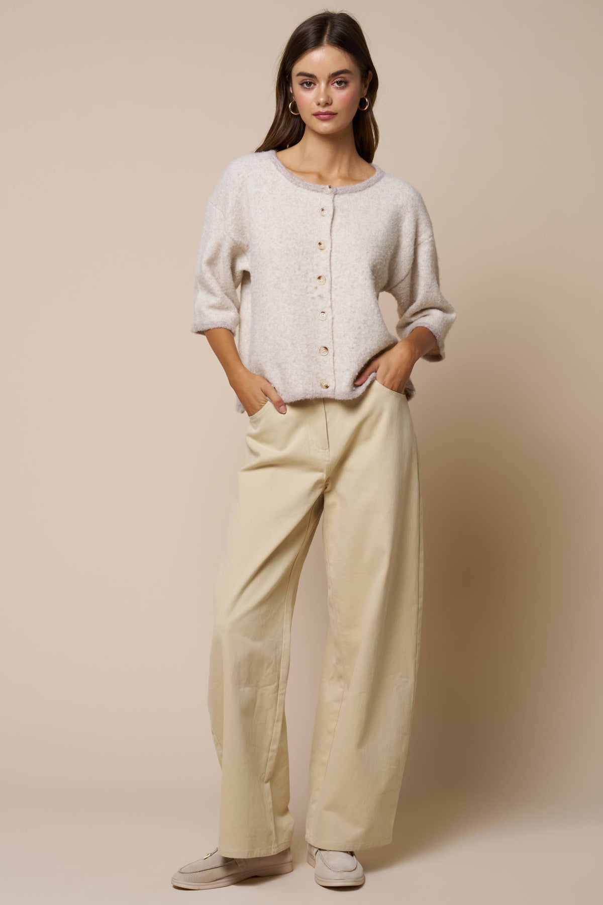 Lalavon - Color Block Button Down Sweater Top: LT BEIGE / L