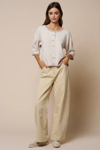 Lalavon - Color Block Button Down Sweater Top: LT BEIGE / L