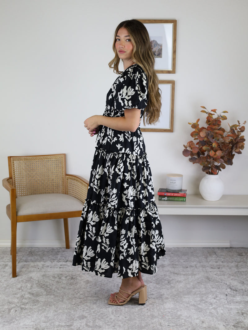 Moss Floral Print Puff Sleeve Midi Dress