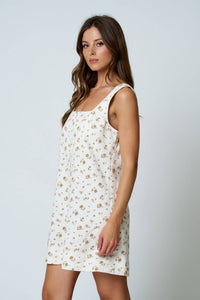 Close up of floral print and denim-tone wash on Spencer mini dress
