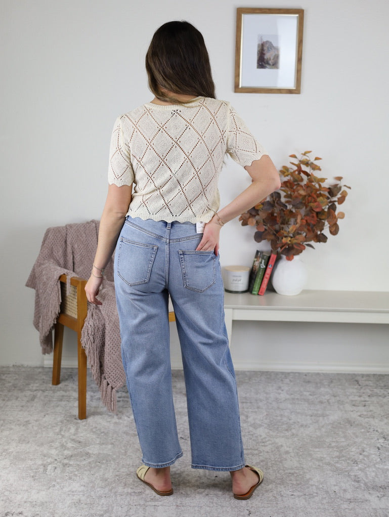 Trina Pointelle Knit Short Sleeve Cardigan