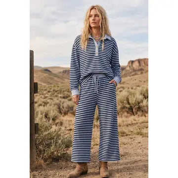 Ivy Striped Relaxed Top and Wide Leg Pants Knit Set in navy, close-up of wide leg pants