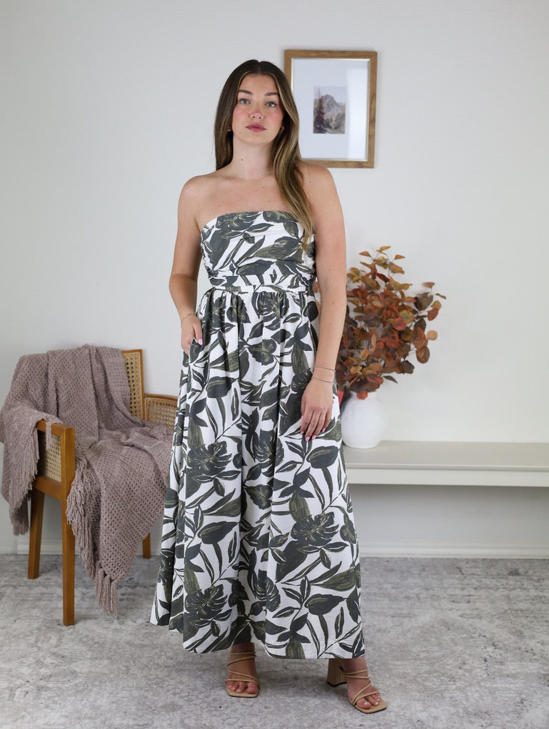 Leaf Print Strapless Maxi Dress