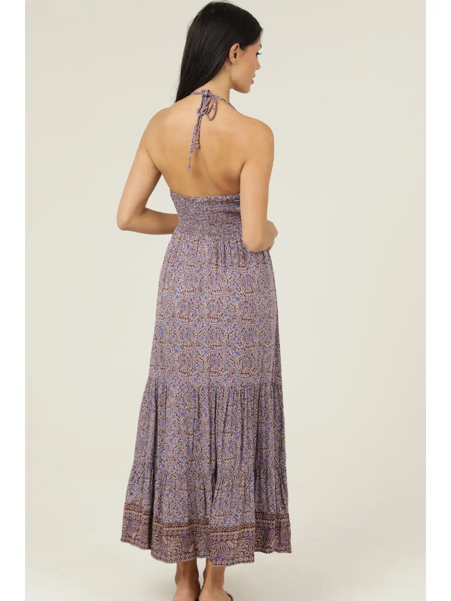 Printed halter neck tiered maxi dress in brown with elastic back