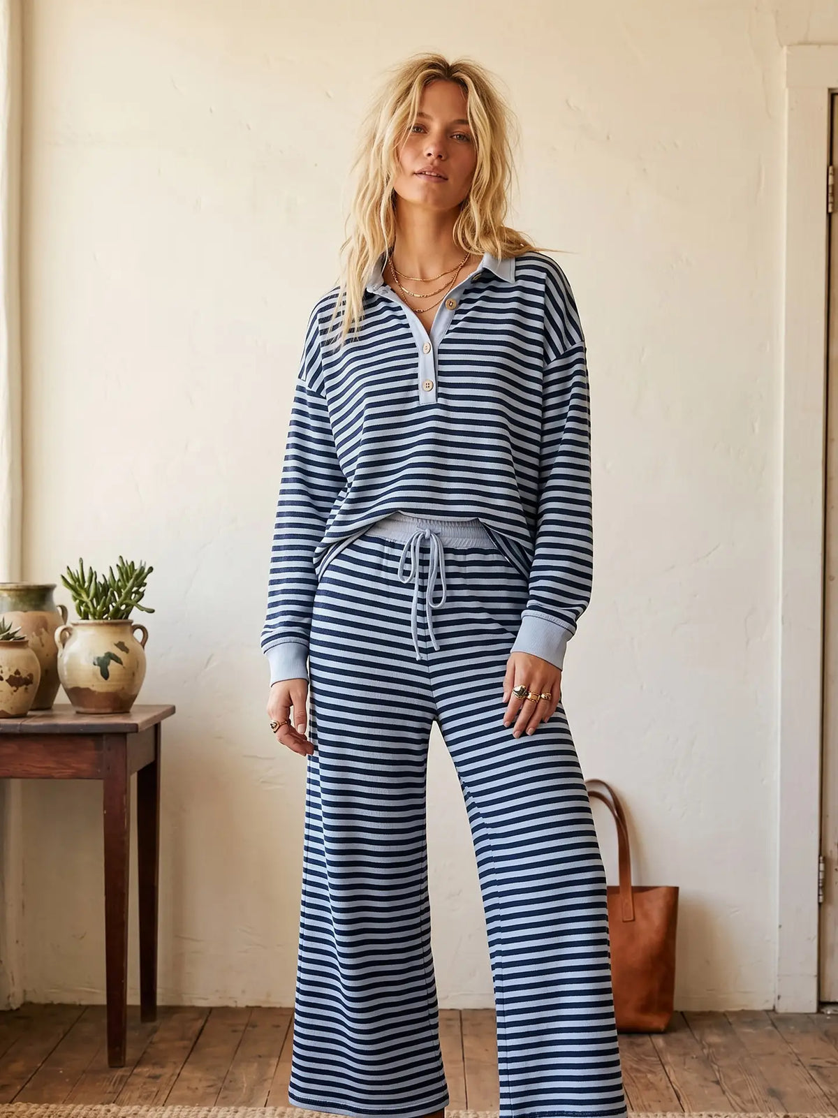 Ivy Striped Relaxed Top and Wide Leg Pants Knit Set in navy, back view