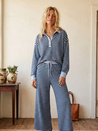 Ivy Striped Relaxed Top and Wide Leg Pants Knit Set in navy, back view