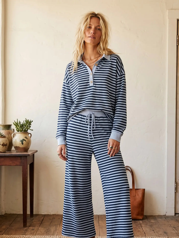 Ivy Striped Relaxed Top and Wide Leg Pants Knit Set in navy, back view