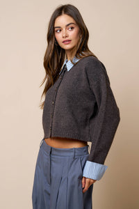 Lalavon - Stripe Trim Button Down Sweater Cardigan: HT BROWN-LT BLUE / L