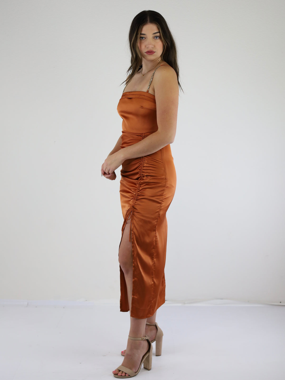 Mimi Midi Stain Dress with Chain Adjustable Straps-Rust