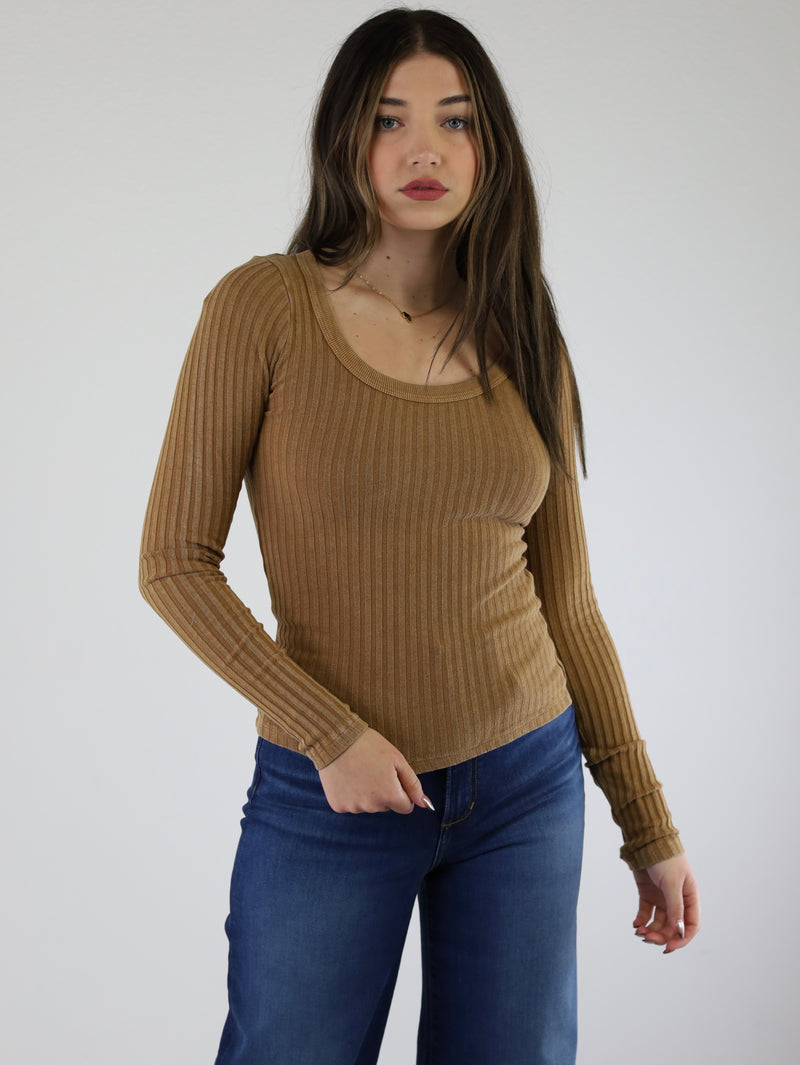 What's The Scoop Washed Rib L/S-Inca Gold