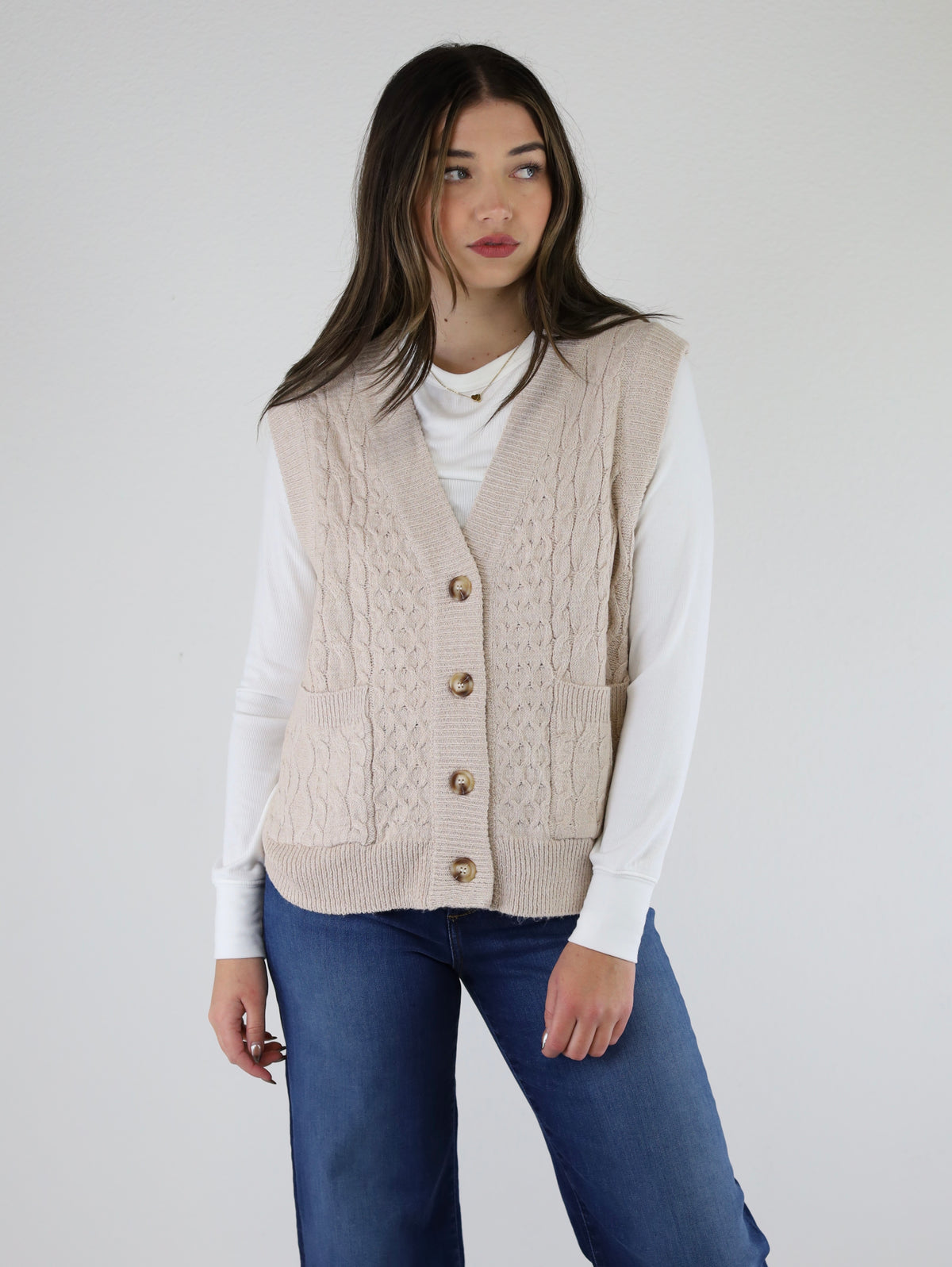 Ronnie Cable Knit Oversized Vest with Pockets-Ecru