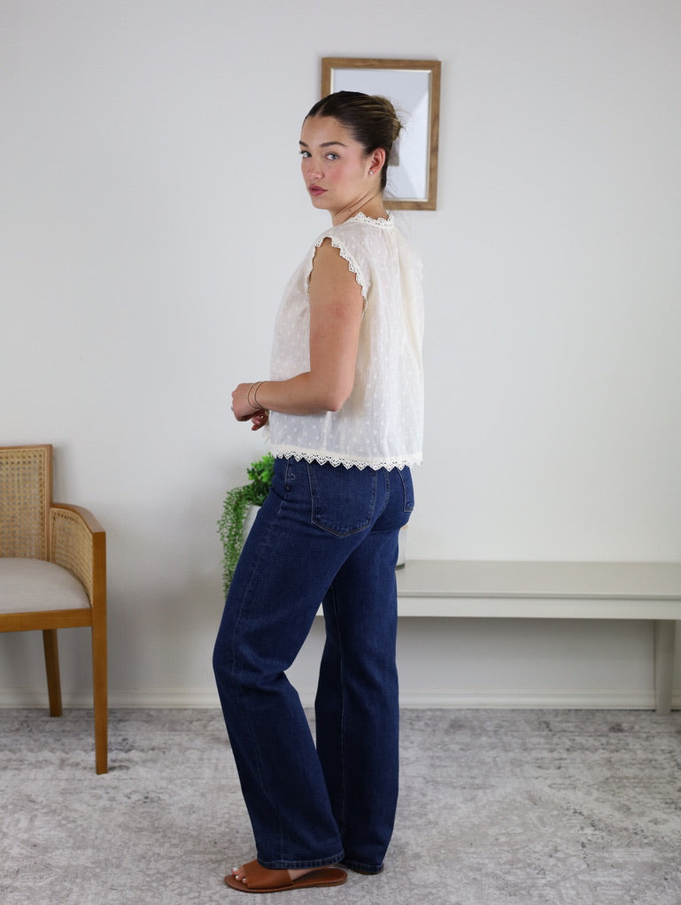 Greta Lace Edge Sleeveless Swiss Dot Top