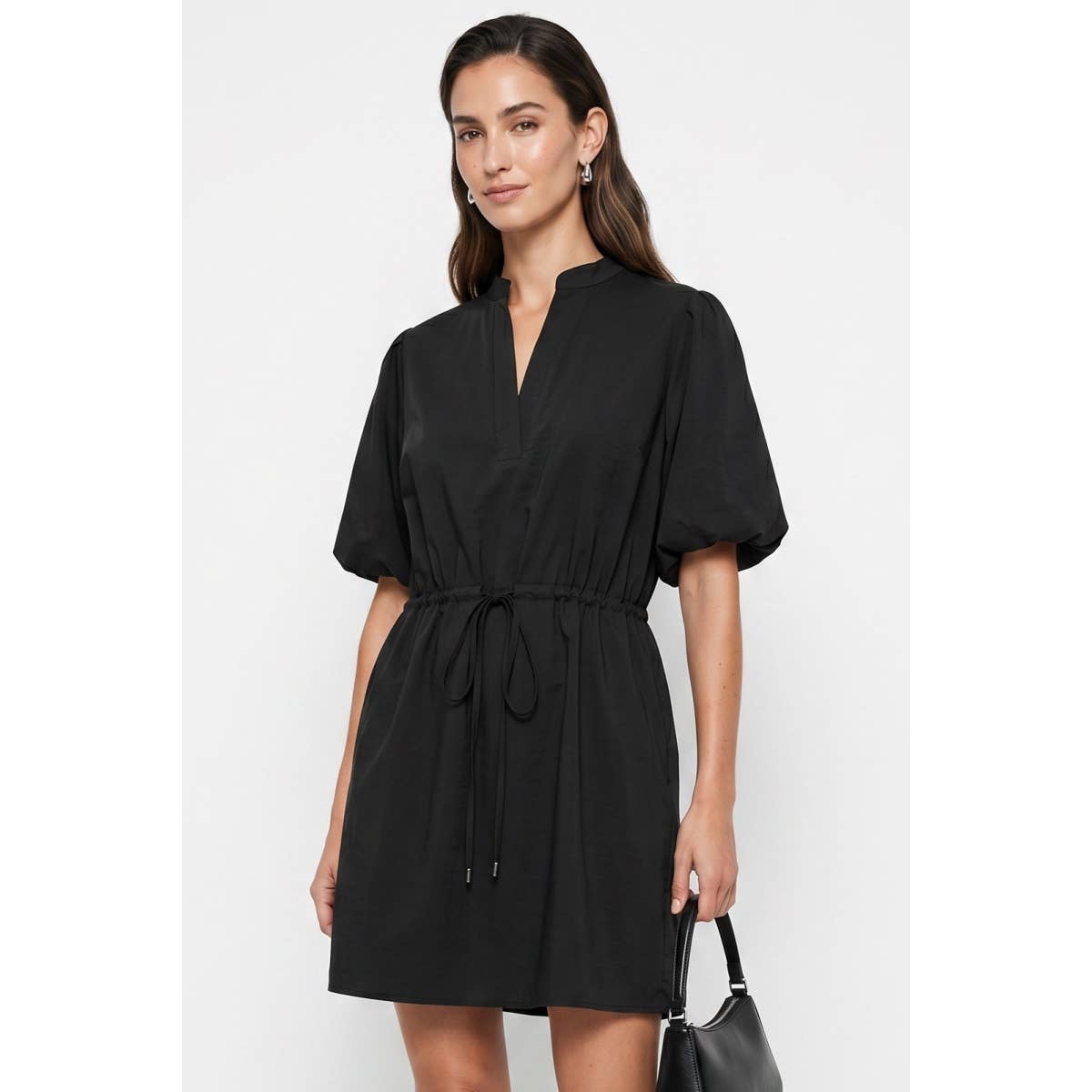 Naked Zebra - Puff Sleeve Cinched Waist Mini Dress: Navy / L is a navy blue puff sleeve mini dress featuring a notched neckline and a drawstring-cinched waist.