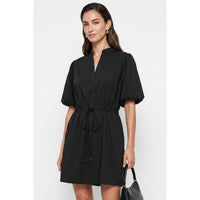 Naked Zebra - Puff Sleeve Cinched Waist Mini Dress: Navy / L is a navy blue puff sleeve mini dress featuring a notched neckline and a drawstring-cinched waist.