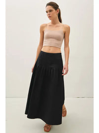 Structured pleated A-line midi skirt with modern drop waist – women's boutique skirt