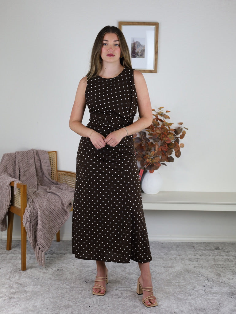 Asher Side Gather Polka Dot Midi Dress
