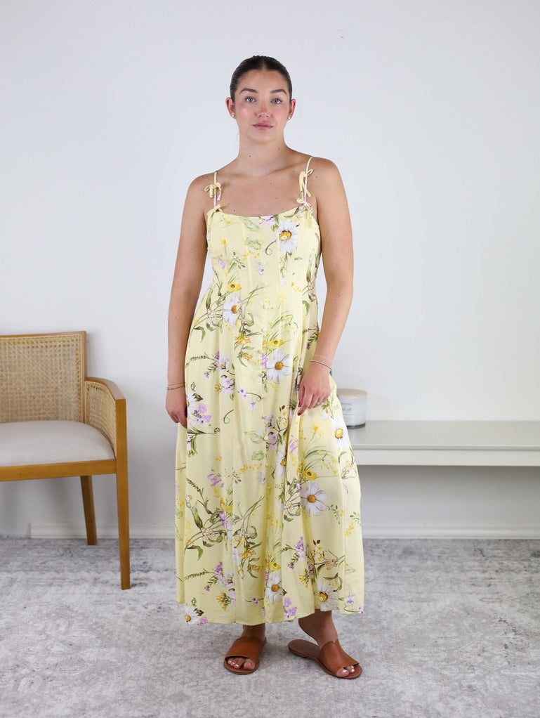 Polly Floral Spaghetti Strap with Bow Detail Midi Dress