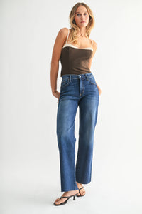 Ingrid High Rise Slim Palazzo Jean - back view of dark denim with slim-to-palazzo fit