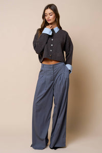 Lalavon - Stripe Trim Button Down Sweater Cardigan: HT BROWN-LT BLUE / L