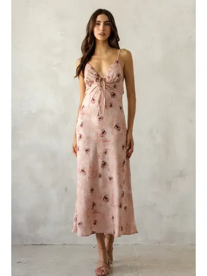 Betty satin floral tie front midi dress in rose, front view
