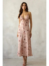 Betty satin floral tie front midi dress in rose, front view