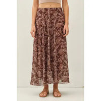 Brown paisley Longview Flowy Midi Skirt with soft chiffon overlay – Glitz Fine Clothing boutique