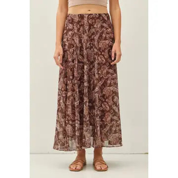Brown paisley Longview Flowy Midi Skirt with soft chiffon overlay – Glitz Fine Clothing boutique