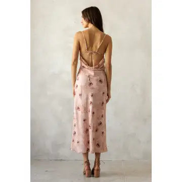 Rose mauve floral satin midi dress with tie front on model