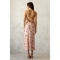 Rose mauve floral satin midi dress with tie front on model
