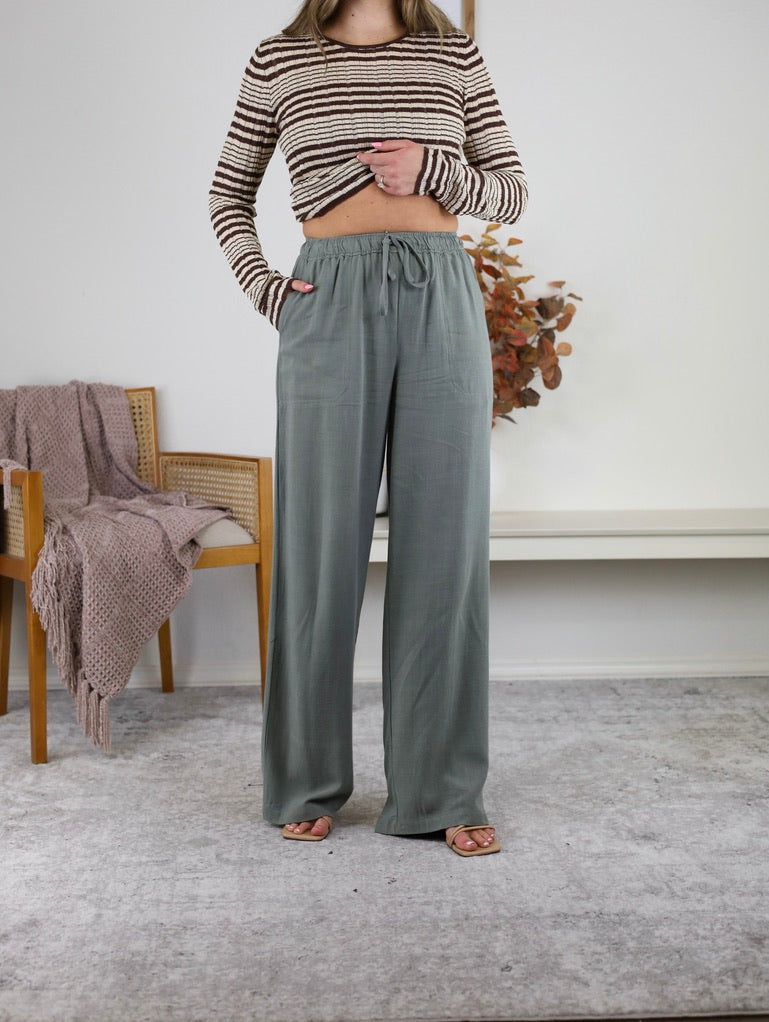 Stevie Linen Blend Wide Leg Pant - Spruce