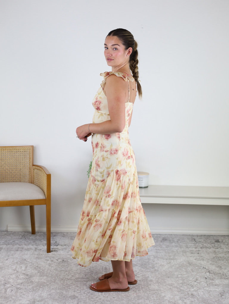 Raven Ruffle Strap Tiered Midi Dress