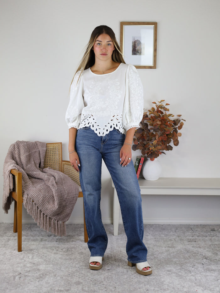 Bliss Lace Cutouts Bottom Hem Bubble Sleeved Top - Final Sale