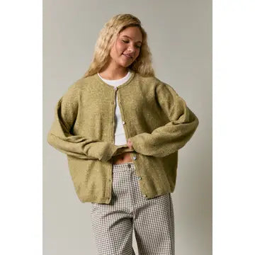 Olive Oversized Cardigan, front view showing crew neckline and open silhouette