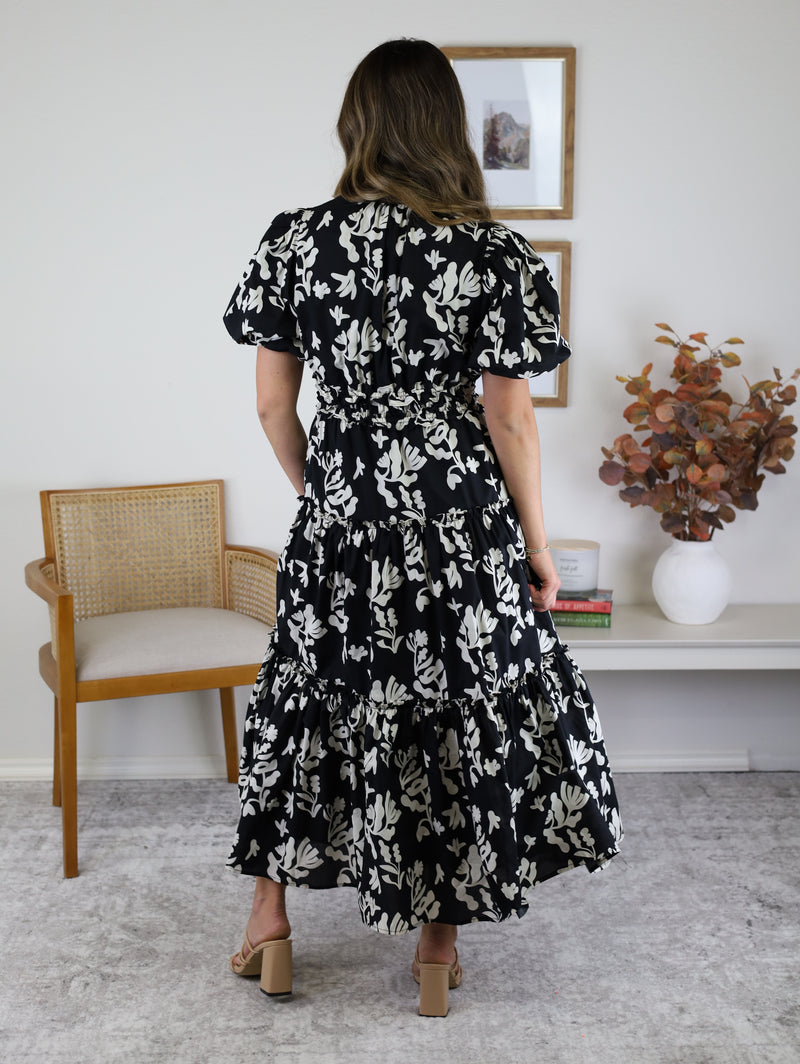 Moss Floral Print Puff Sleeve Midi Dress