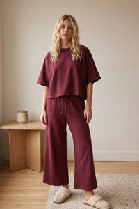 Sewn and Seen - Brushed Stretch Boxy Top & Wide Leg Pant Set: BURGUNDY / L
