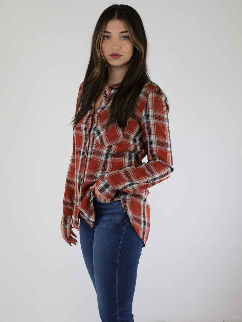 Fake Me Out Plaid Top-Rust