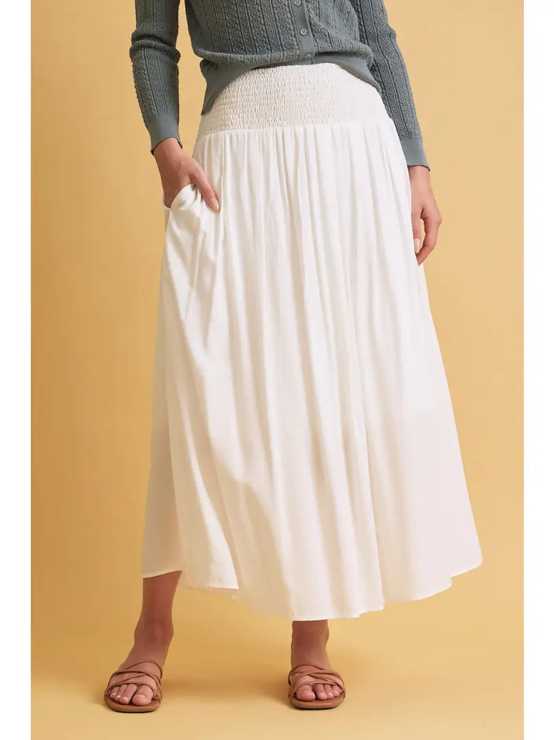 Marty Smocked Waist Midi Skirt in white – women's flowy rayon midi skirt with smocked elastic waist | Glitz Fine Clothing