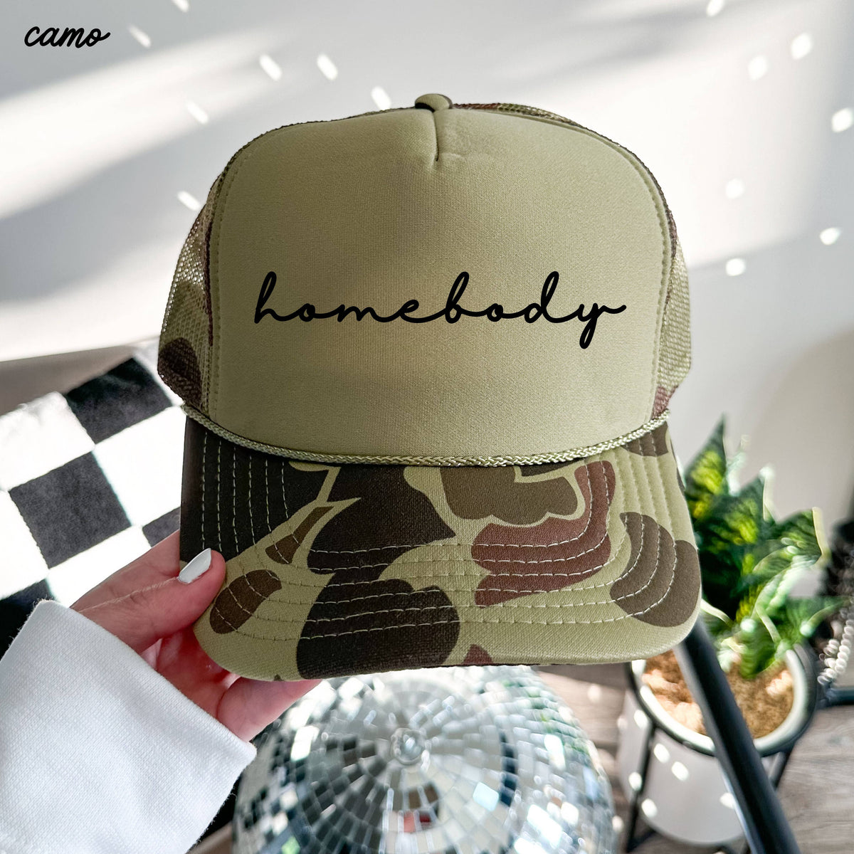 Chloe Vs Tank - Homebody Cursive Trucker Hat *12 Colors: Black/Black